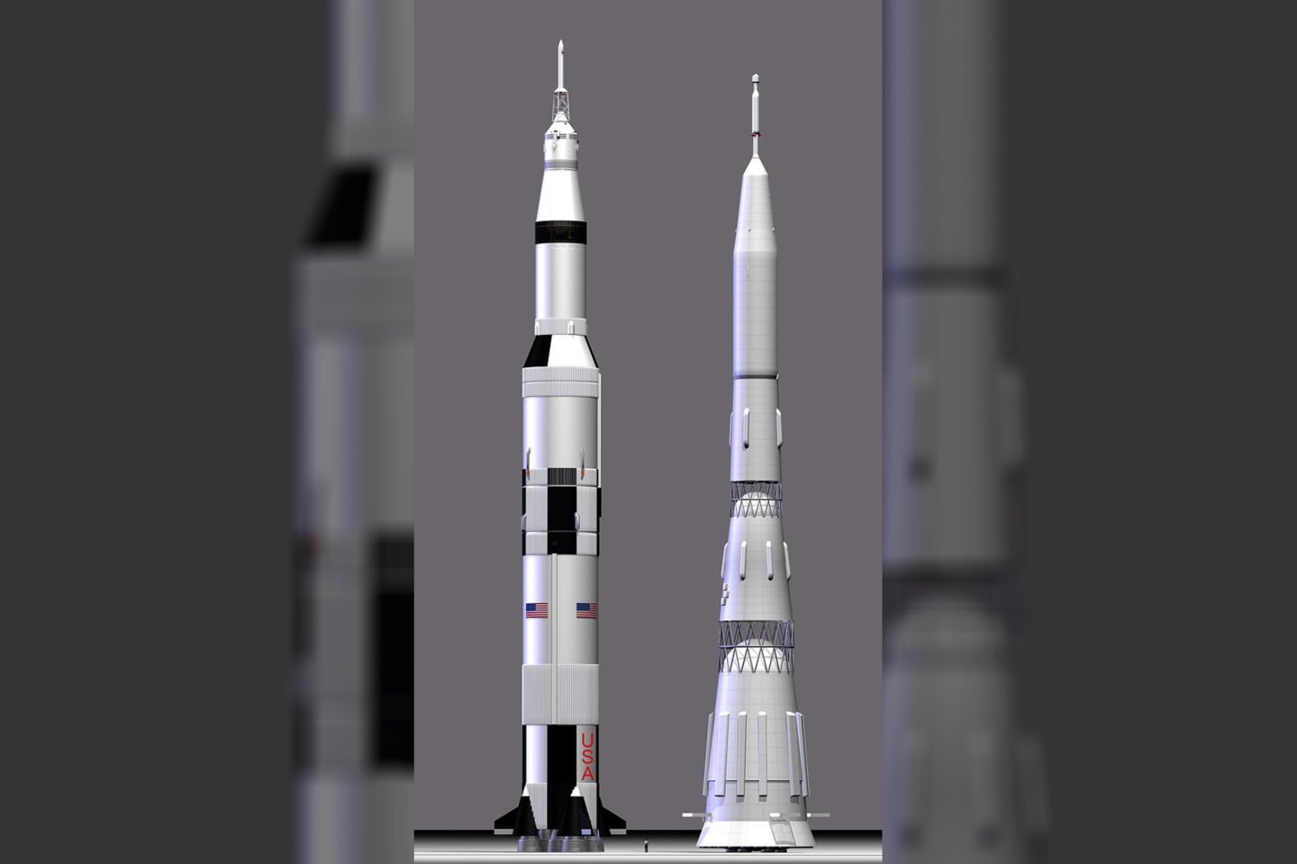  Raketų palyginimas: JAV „Saturn V“ ir sovietų N1.<br> Wikimedia commons