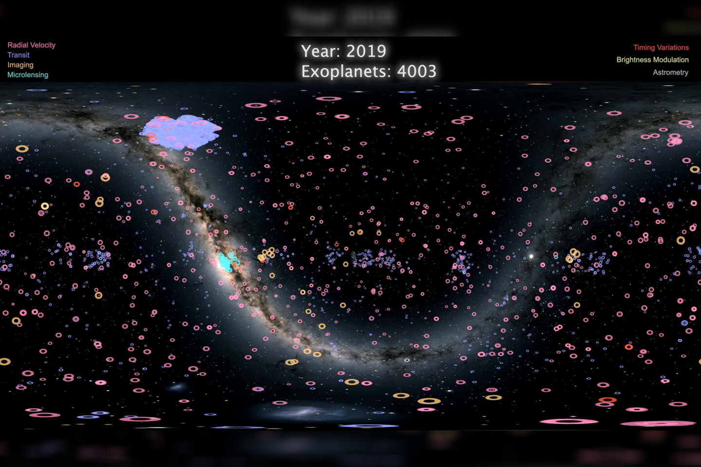  NASA sukūrė trumpą filmuką, kuris parodo visų žinomų egzoplanetų padėtis danguje.<br> Stop-kadras