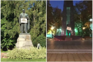 Ant V. Kudirkos ir P. Cvirkos paminklų naktį užkabintos R. Šimašiui adresuotos lentelės: pradėtas tyrimas