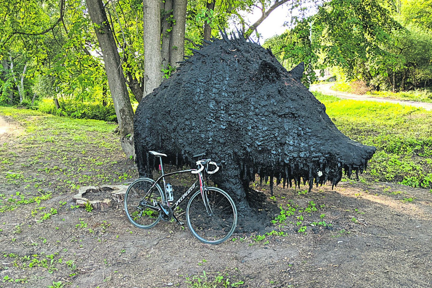 Įspūdingo dydžio šerno skulptūros netoli dviračių tako praeiviai išsigąsta.<br>L.Babrausko nuotr.