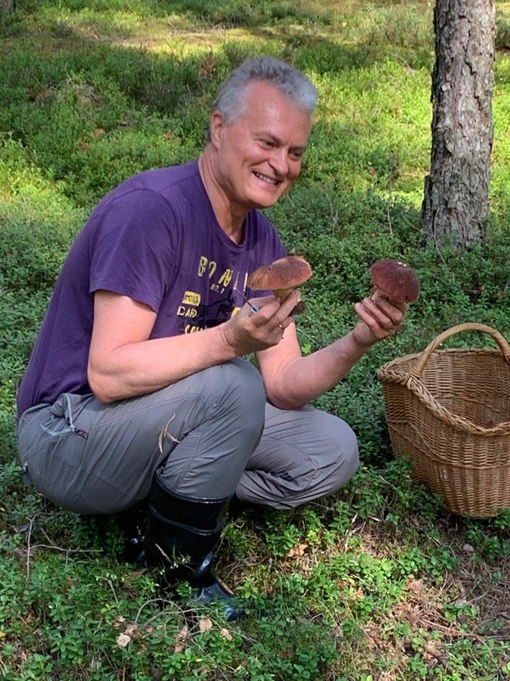  Gitanas Nausėda džiaugiasi miško gėrybėmis.<br> Soc. tinklo nuotr.