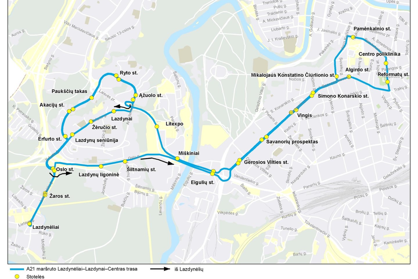 21 autobuso maršruto Lazdynėliai–Lazdynai–Centras trasa.<br>Susisiekimo paslaugų nuotr.