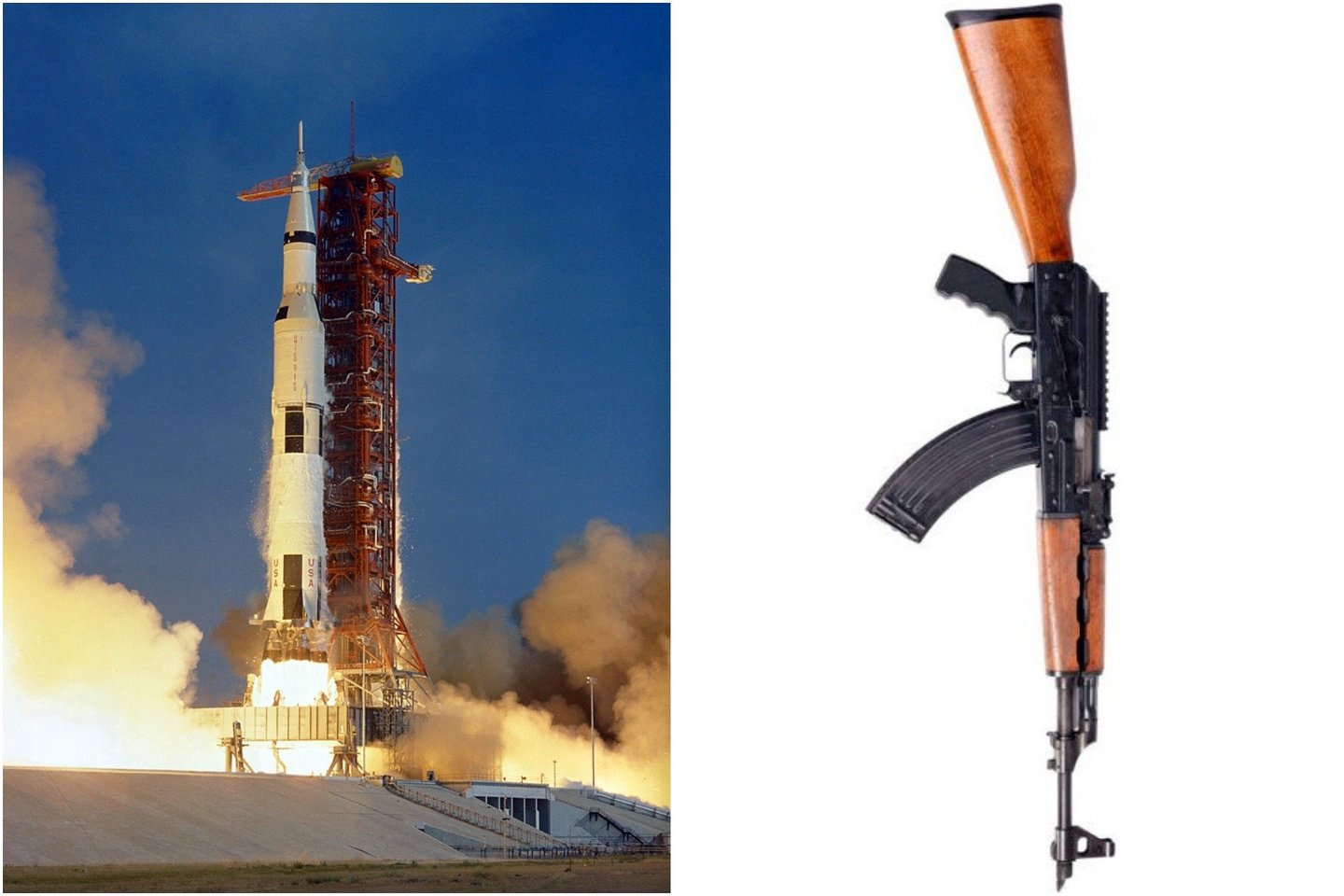   Raketos-nešėjos „Saturn-5“ svorio ir traukos santykis buvo maždaug 1,5. Paaiškėjo, AK-47 traukos ir svorio santykis yra maždaug 2.