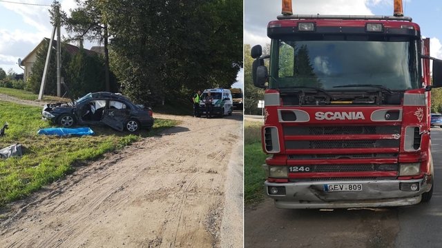 Vaizdai iš tragiškos avarijos Vilniaus r.: susidūrus automobiliui ir sunkvežimiui žuvo du žmonės