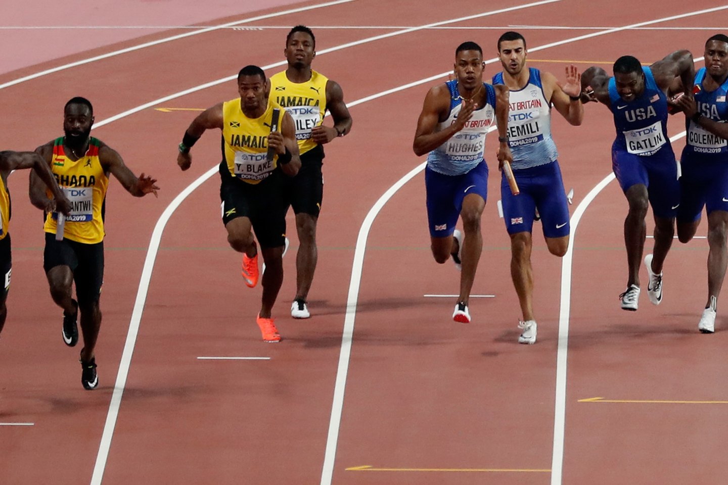  Vyrų 4x100 m bėgimo estafetės finalas.<br> Zuma Press/Scanpix nuotr.