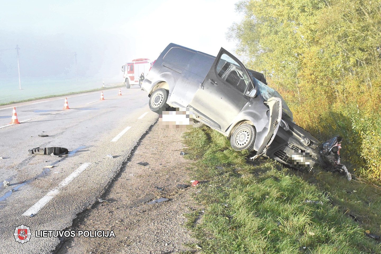 Netoli Šakių jaunas „Toyota Proace“ (nuotr. apačioje) vairuotojas rėžėsi į kelininkų sunkvežimį ir žuvo.<br>Policijos nuotr.