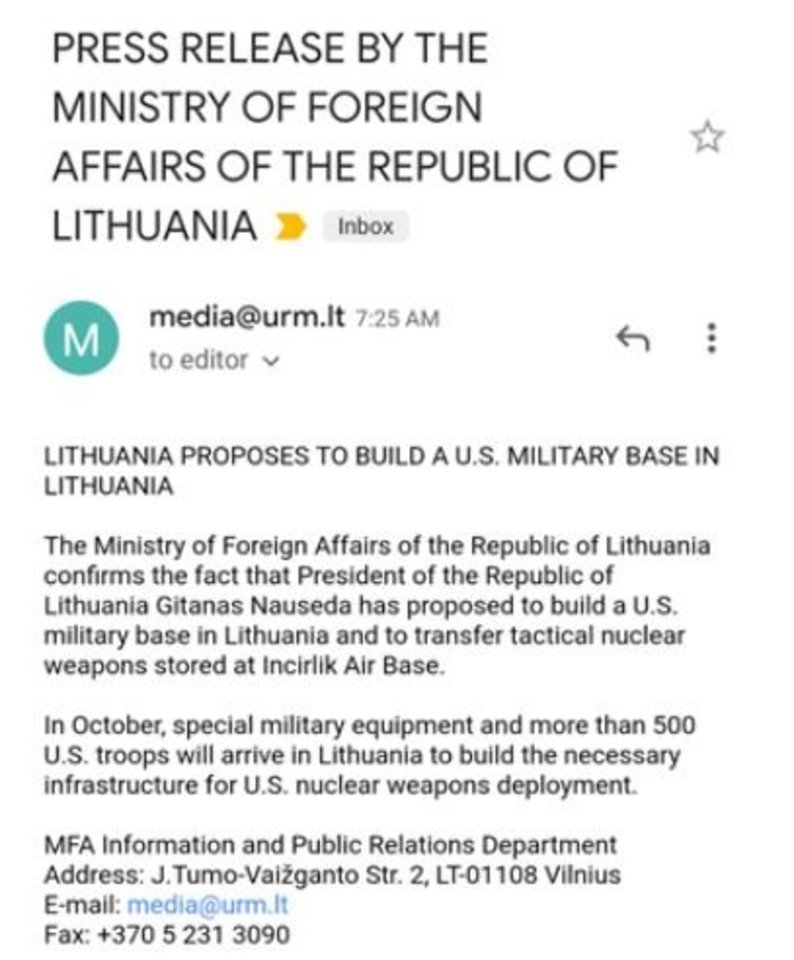 Prisidengus URM paskleista melaginga informacija apie G. Nausėdą ir Lietuvos sprendimą dėl branduolinių ginklų.<br>URM gautas pranešimas