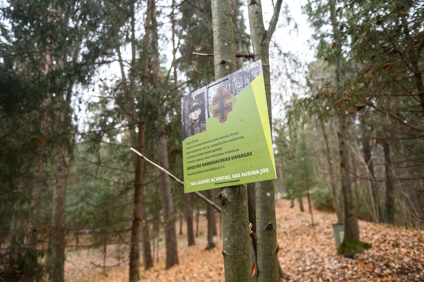 Mūsų gidas abejoja, ar lentelėje reikėjo nurodyti, kad A.Ramanauskas-Vanagas buvo palaidotas su dviem kriminaliniais nusikaltėliais.<br> V.Skaraičio nuotr.