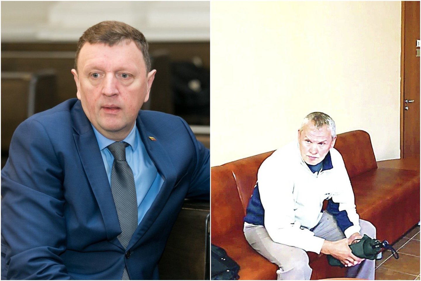 Joniškio meras V.Gailius (kairėje) šio rajono teisme teigė buvęs sukrėstas, kai svetimame telefone perskaitė J.Kybarto žinutę apie save.