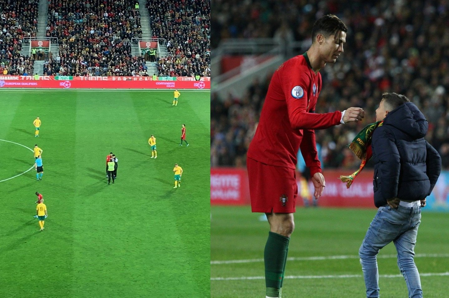 Per Portugalijos ir Lietuvos rinktinių rungtynes prie C.Ronaldo į aikštę pripuolė net du vietos sirgaliai.<br>Lrytas.lt koliažas