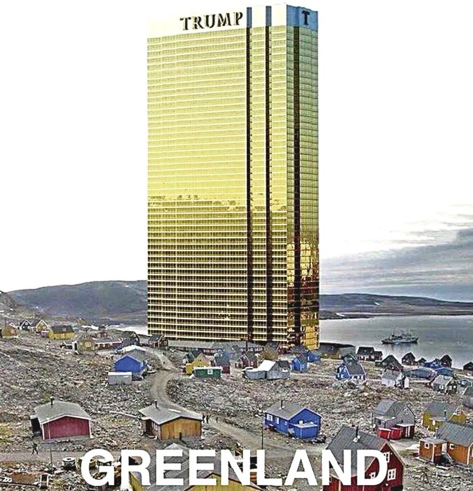 JAV prezidentas D.Trumpas socialiniuose tinkluose pasidalijo montažu, kuriame pavaizduotas Grenlandijoje stovintis „Trump Tower“, tačiau žadėjo jo nestatyti.