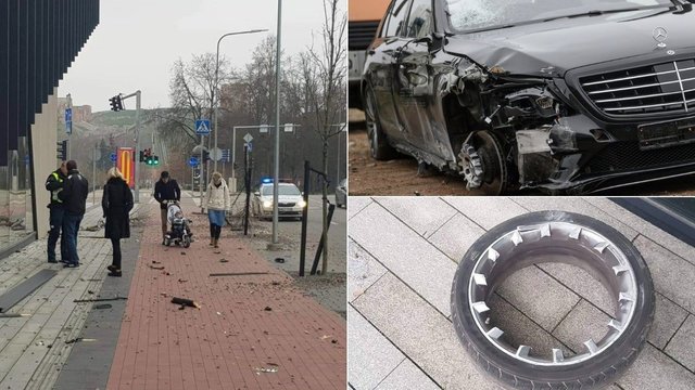 Pavojingas „Mercedes-Benz“ skrydis Vilniuje: šalia viešbučio vartė stulpelius, pametė ratą ir paspruko