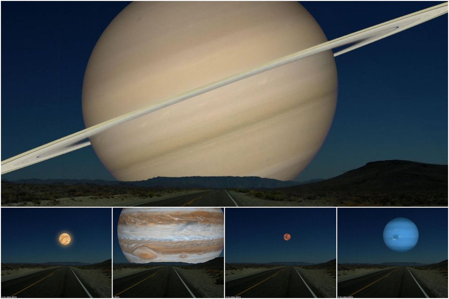  Kosmoso menininkas Ronas Milleris sukūrė seriją iliustracijų, kuriose matosi, kaip mūsų naktiniame danguje atrodytų kitos planetos, jos būtų panašiu atstumu kaip Mėnulis.<br>R.Miller nuotr. 