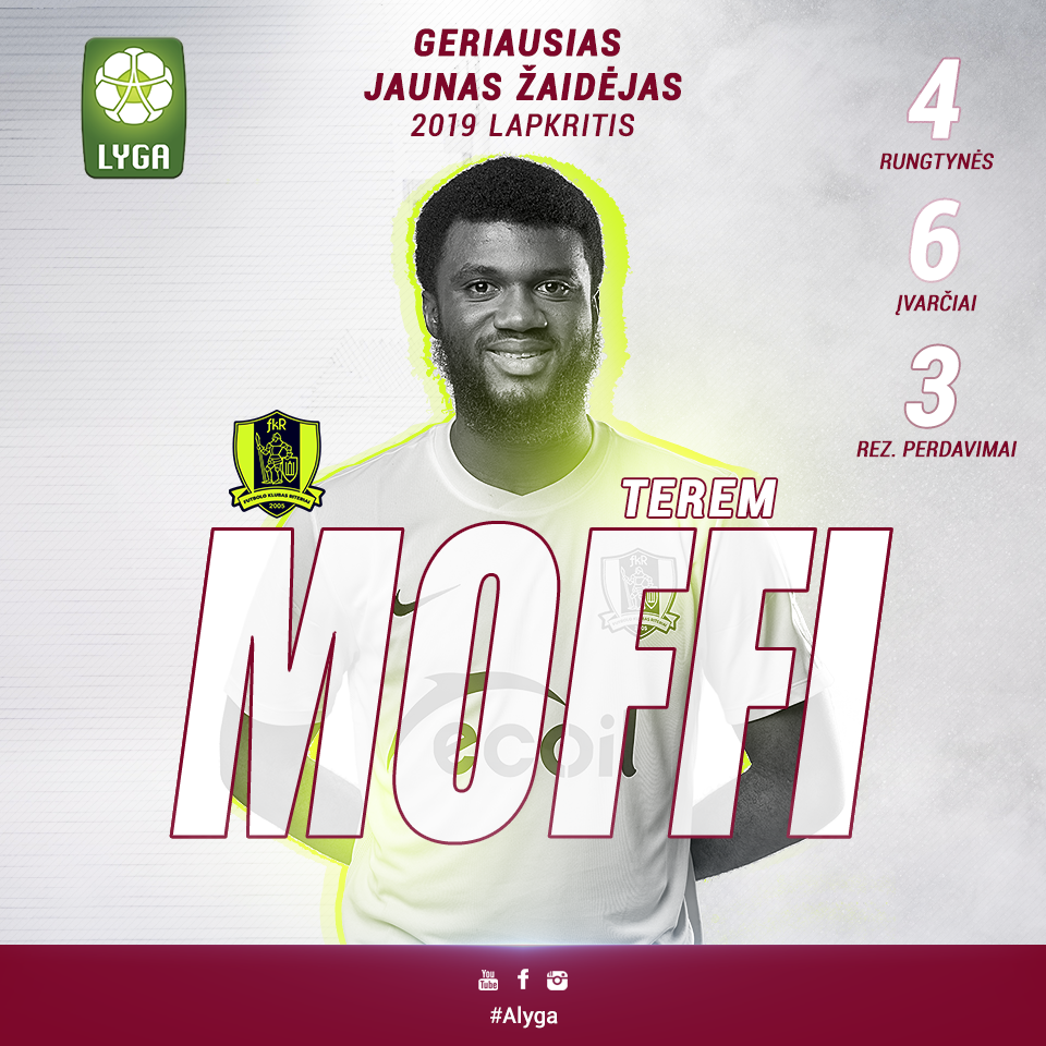  Lietuvos futbolo A lygos bronza dar sykį atiteko Vilniaus „Riteriams“, o prie to svariai prisidėjo puolėjas Teremas Moffi.<br> E.Žaldario nuotr.