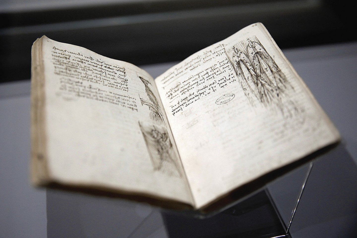 Amerikos milijardierius Billas Gatesas perdavė parodai sąsiuvinį su L.da Vinci užrašais, vadinamąjį „Lesterio kodeksą“.<br>„Scanpix“ nuotr.