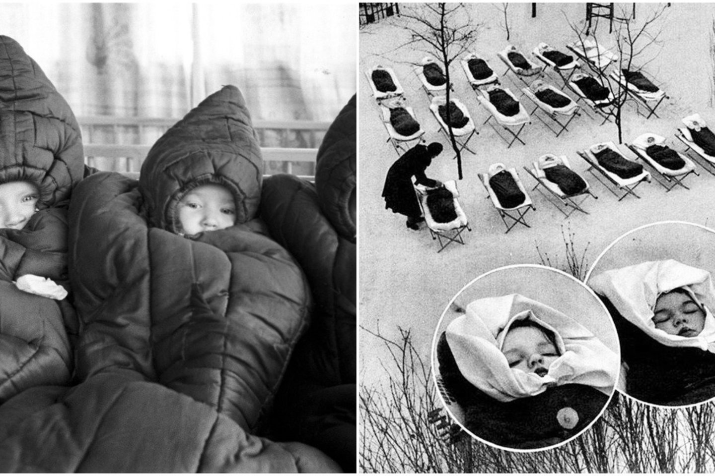  Į miegmaišius susukti vaikai dažnai snausdavo lauke.<br>lrytas.lt koliažas. Sputnik/Scanpix ir archyvinė nuotr. 
