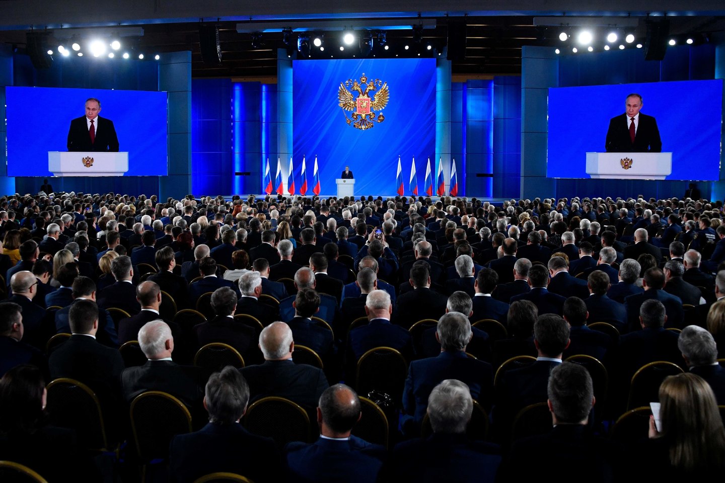 Rusijos federacijos prezidentas Vladimiras Putinas jau 16 kartą sakė kalbą, susirinkusios federalinės asamblėjos metu.<br>AFP/Scanpix nuotr.
