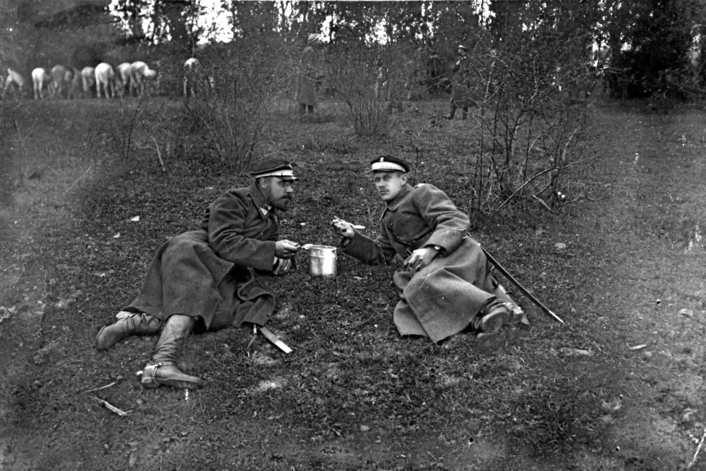 I husarų pulko vadas mjr. P.Plechavičius ir pulko gydytojas mjr. A.Petraitis pietauja gamtoje per pratybas. 1923 m.<br>Vytauto Didžiojo karo muziejaus nuotr.