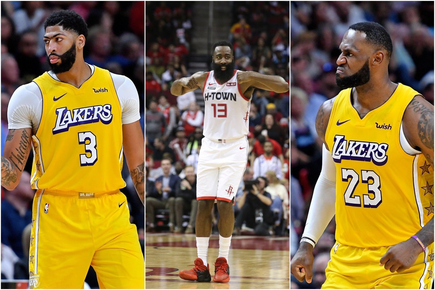 Anthony Davisas, Jamesas Hardenas ir LeBronas Jamesas žibėjo NBA arenose.<br>Reuters/Scanpix nuotr.