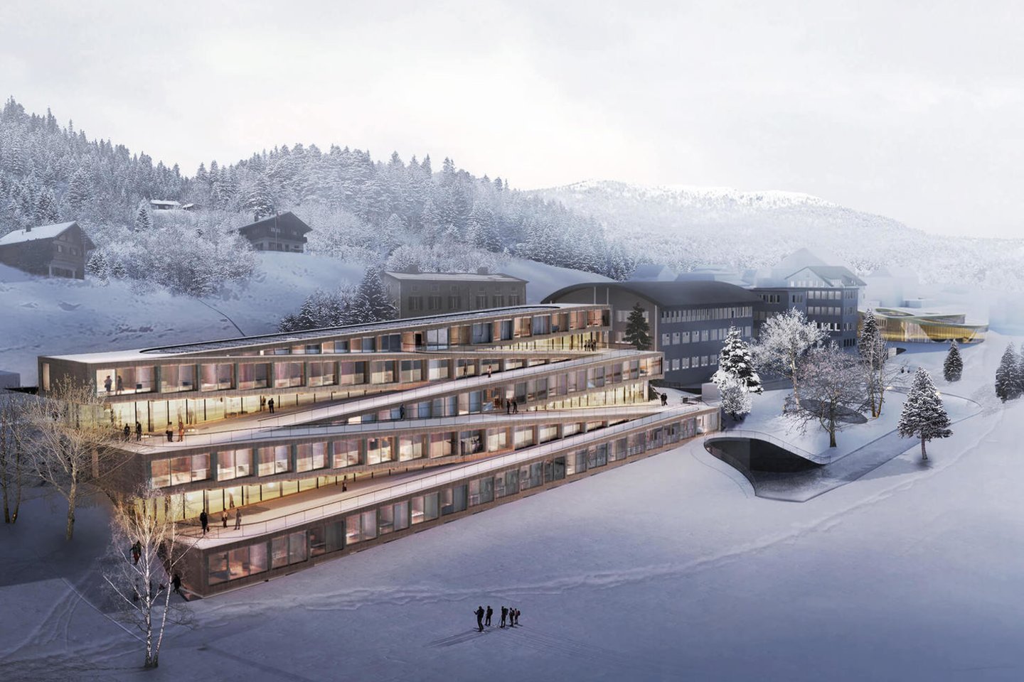 Bjarke Ingels Group BIG suprojektavo slidininkams skirtą viešbutį „Audemars Piguet Hotel des Horlogers“ Šveicarijoje.<br>Bjarke Ingels Group / archdaily.com vizual.