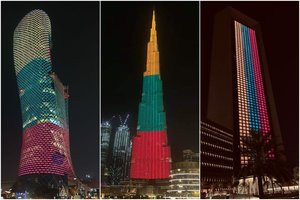 Aukščiausias pasaulyje dangoraižis nušvito Lietuvos trispalve