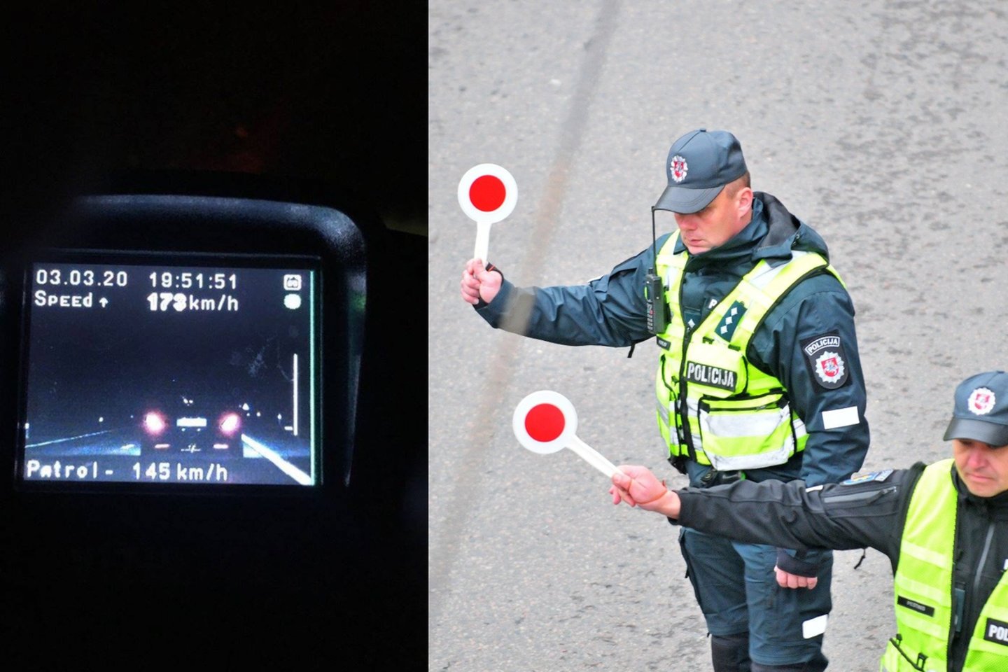 Greitį matuoja ne tik trikojai, bet ir kelyje patruliuojantys policijos automobiliai<br>Lrytas.lt fotomontažas.