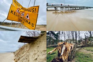 Kas liko iš Palangos paplūdimio po stichijos smūgio: uraganinis vėjas ir bangos nusiaubė krantus