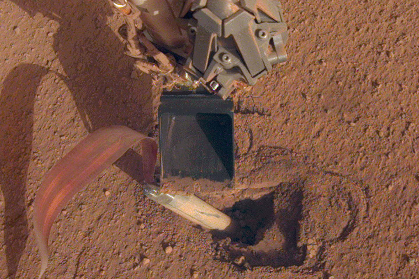 Galų gale zondą pavyko išlaisvinti – bet tik konkrečiai vožtelėjus per kasimo zondą „InSight“ kastuvu.<br> NASA nuotr.