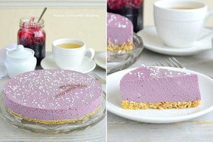 Nekeptas varškės tortas su juodųjų serbentų uogiene