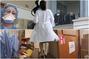 Su koronavirusu kovojantys medikai lipnia juosta klijuoja antbačius ir maišuose saugo vienkartinius rūbus