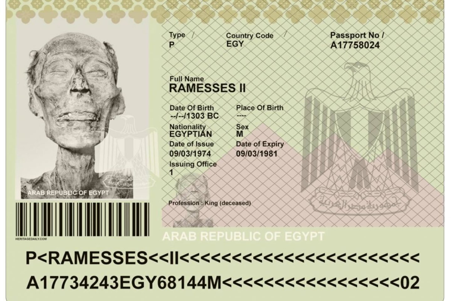  Prancūzų įstatymai įvažiavimui į šalį ir keliavimui pro ją reikalauja galiojančio paso, todėl Egipto Vyriausybė faraonui išdavė pasą.