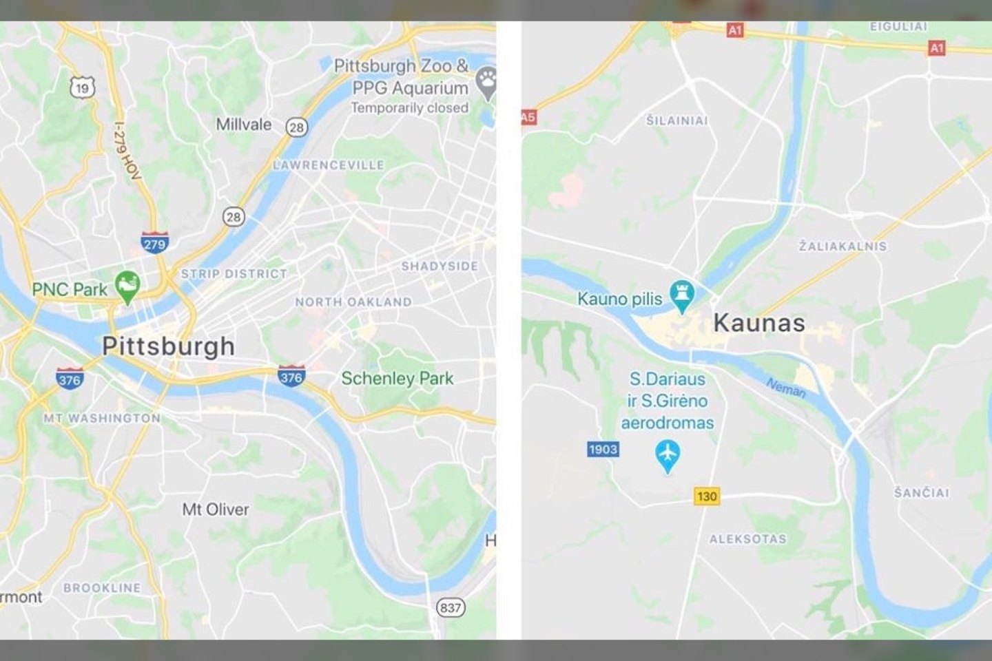   Iš pirmo žvilgsnio Kaunas ir Pitsburgas kartografiniu atžvilgiu atrodo labai panašūs.<br> „Google Maps“ iliustr.