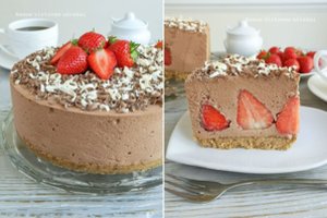 Šokoladinis varškės tortas su braškėmis, kurio nereikia kepti