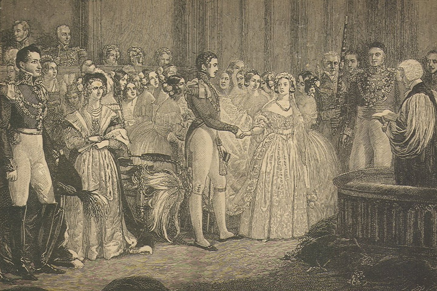 Karalienės Viktorijos ir princo Alberto santuoka. Graviūra.<br> Wikipedijos nuotr.