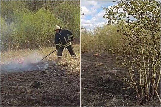 Kėdainių ugniagesiai neturėjo kada švęsti: mieste įsiplieskus gaisrui išdegė hektaras krūmynų