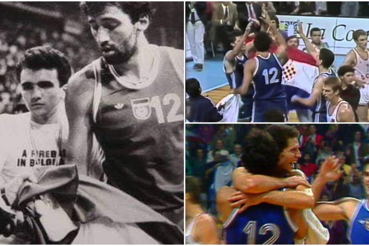  Karo aukomis tapę krepšininkai: V. Divaco ir D. Petrovičiaus draugystę nutraukė pergalės džiaugsmas.<br> Youtube stop kadras.
