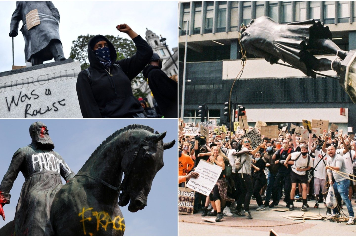  Didžiausiuose žemyno miestuose protestuotojai verčia ir naikina skulptūras, skirtas istorinėms asmenybėms, turinčioms rasistinę praeitį.<br> lrytas.lt koliažas.