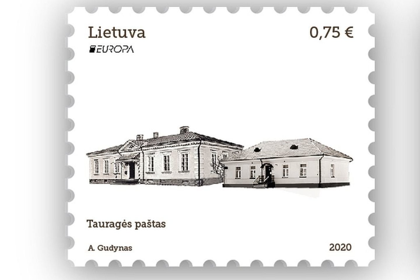 Pašto ženkle vaizduojamas buvusio Tauragės pašto pastatų kompleksas su užeigos namais. <br> LP nuotr.