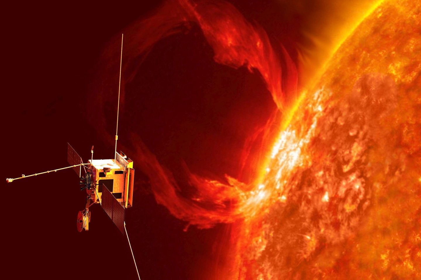  „Solar Orbiter“ artėja prie Saulės (dailininko interpretacija).<br>ESA iliustr.
