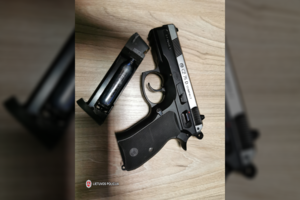 Pagėgių r. pareigūnai sustabdė girtą vairuotoją, o dar girtesnis keleivis sau už nugaros laikė užtaisytą ginklą