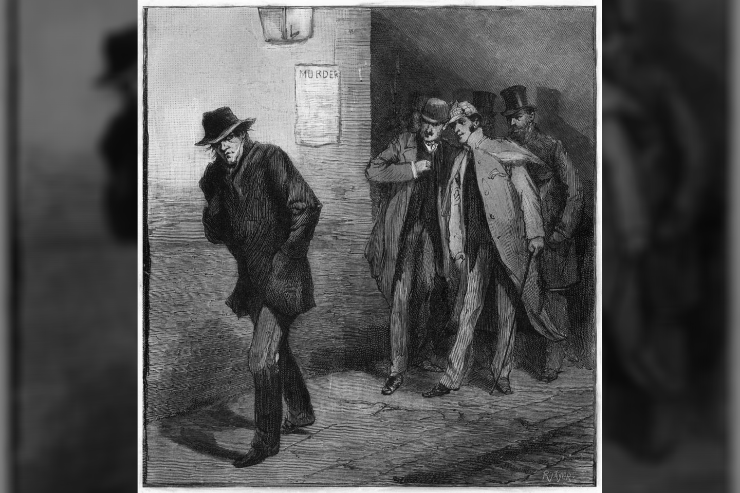  „Kartu su Budriuoju komitetu Istende: Įtartinas veikėjas“.<br> „The Illustrated London news“ pieš. (1888 m.)