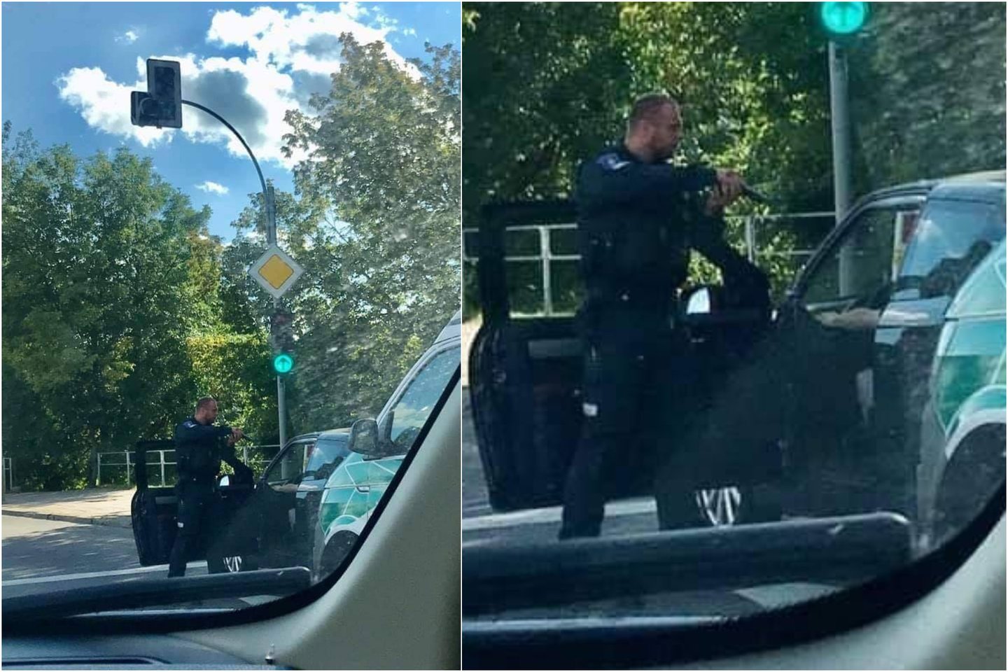 Šeštadienio vakarą socialiniame tinkle „Facebook“ pasklido nuotrauka, kurioje užfiksuotas pareigūnas su nutaikytu ginklu į automobilio vairuotoją. <br>facebook nuotr.