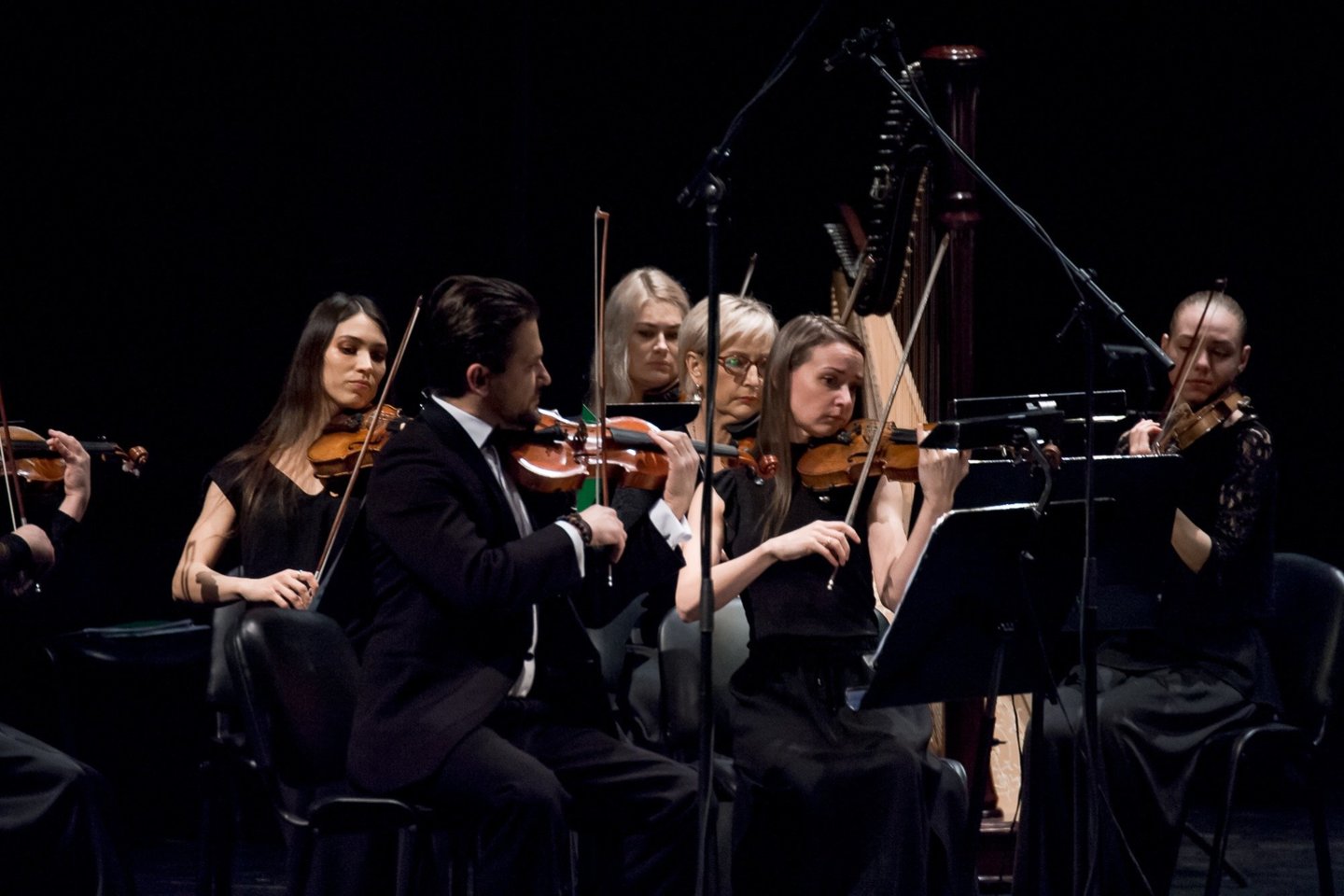  Klaipėdos valstybinio muzikinio teatro simfoninio orkestro styginių instrumentų grupė. <br> O.Kasabovos nuotr.