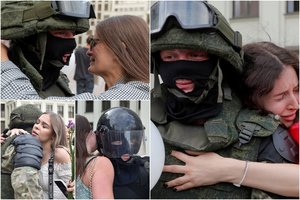 Apkabinti Baltarusijos kariai net susigraudino: gėlėmis apsiginklavusių moterų žygis tampa nauju simboliu