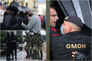 Per protestus Minske OMON vėl demonstravo jėgą: tempė apsuptus žmones į furgonus, nusitaikė į žurnalistus 