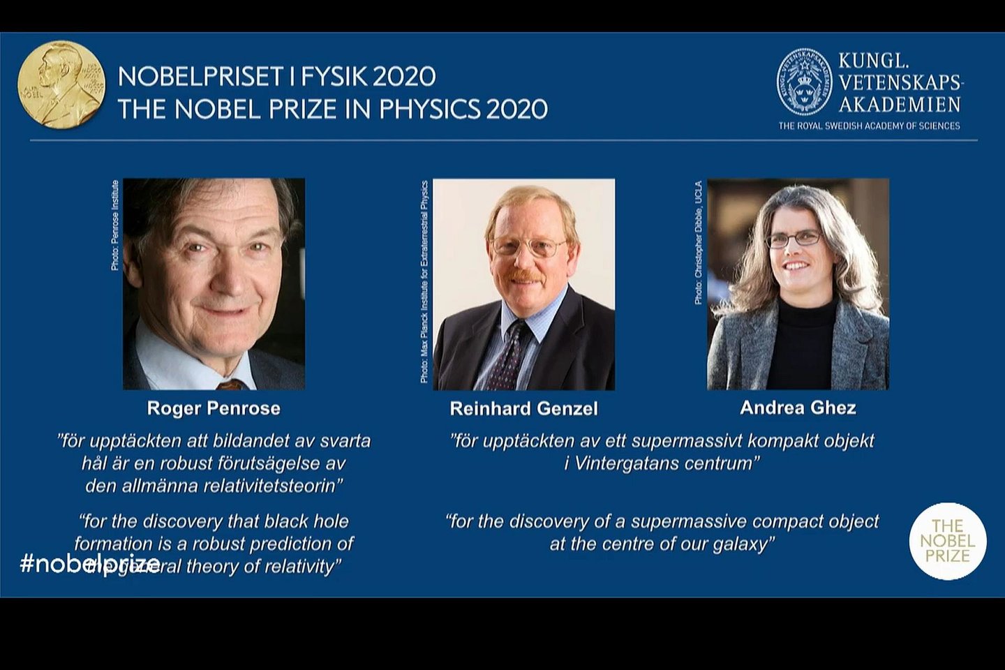  2020 m. fizikos Nobelio premija paskirta britų mokslininkui Rogeriui Penrose'ui, vokiečiui Rheinhardui Genzeliui ir amerikietei Andreai Ghez, už juojųjų skylių tyrimus.<br> Transliacijos stop-kadras/