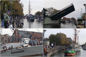 Klaipėdoje pakilo abu tiltai per Dangę – burlaivis „Meridianas“ išplukdytas į remonto įmonę