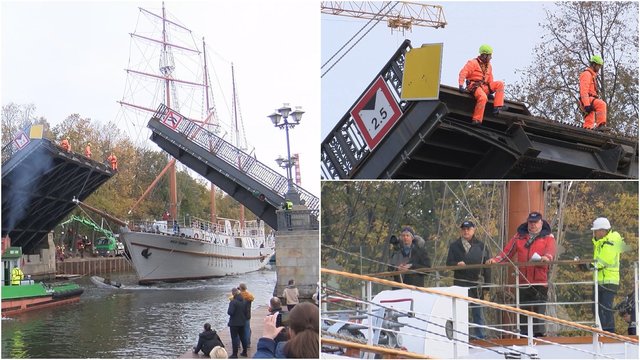 Pamatykite: Klaipėdos simbolis – burlaivis „Meridianas“ paliko Danės krantinę, pakelti abu tiltai