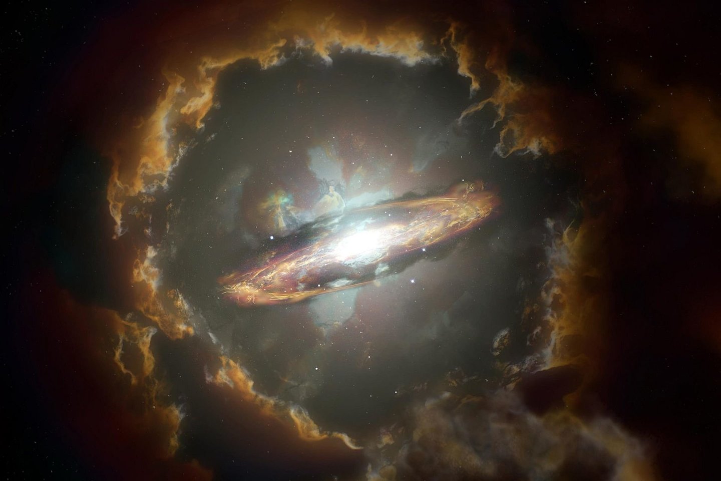  Meininko interpretacija, vaizduojanti Vilko galaktiką - masyvią galaktiką iš ankstyvosios Visatos laikų. <br> NRAO/AUI/NSF, S. Dagnello iliustr.
