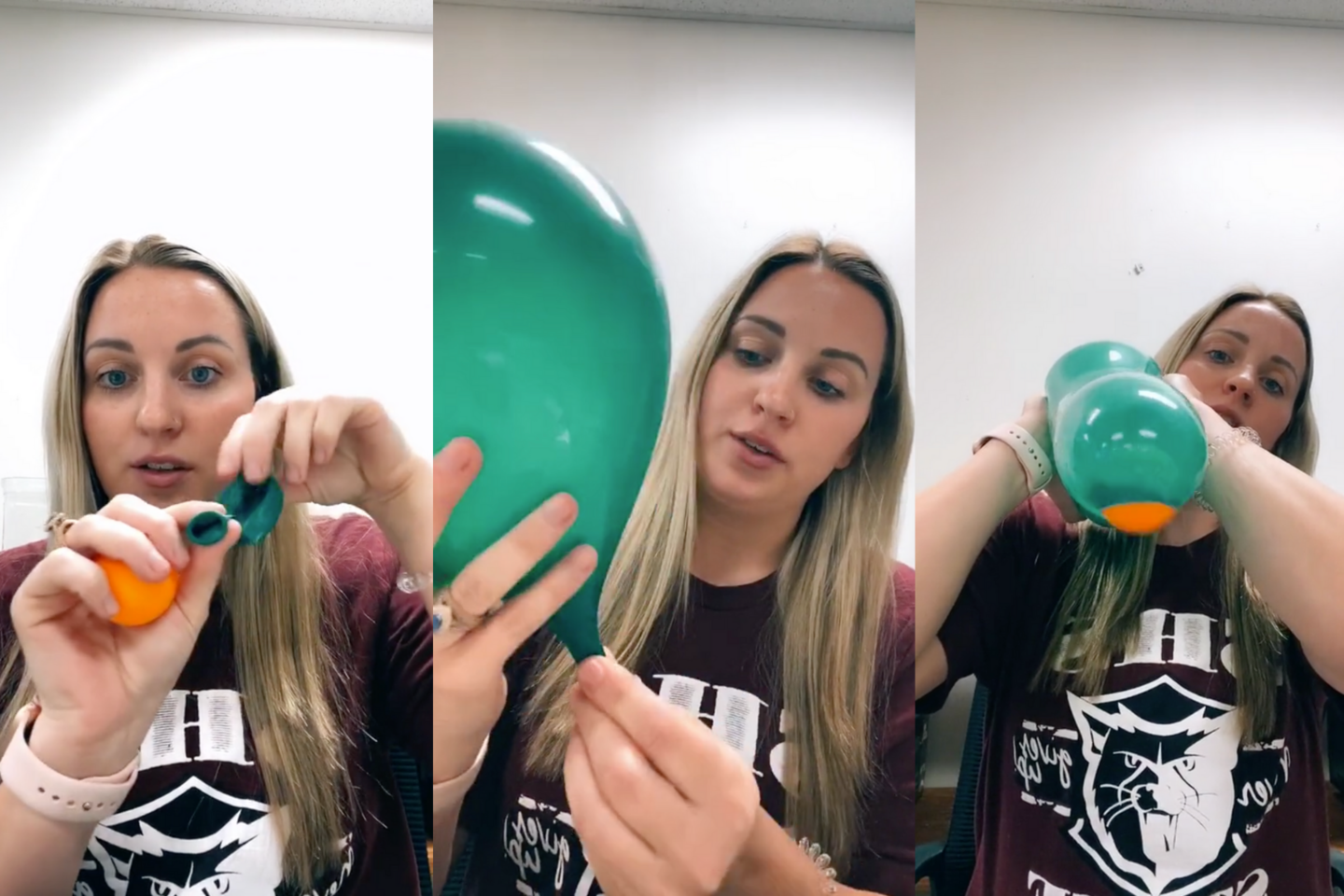  Vaizdo įraše mokytoja naudodama balioną ir mandariną demonstruoja, kaip vyksta gimdymas.<br> lrytas.lt koliažas